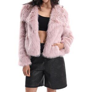 Women's Pale Pink Faux Fur Collar Open Front Long Sleeve Winter Fleece Coat